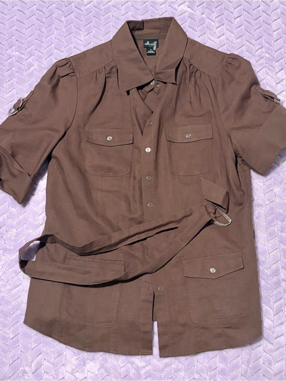 Willi Smith Brown Collared Short Sleeve Button-Down Shirt with Belt